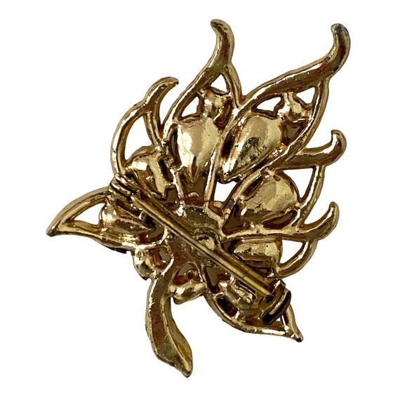 Vintage Gold Tone Leaf Brooch with Rhinestones 2" Pin Purple Clear Fashion - Picture 2 of 2